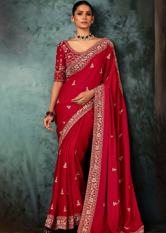 Red Embroidered Festive Saree