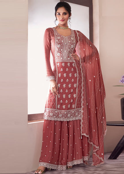 Rust Embroidered Sharara Suit