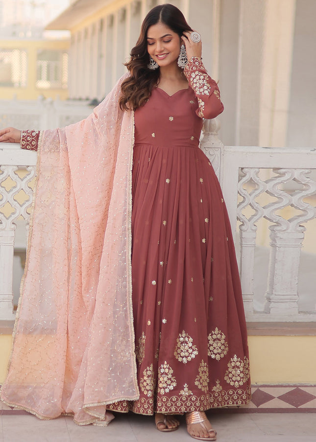 Rust Embroidered Anarkali Gown