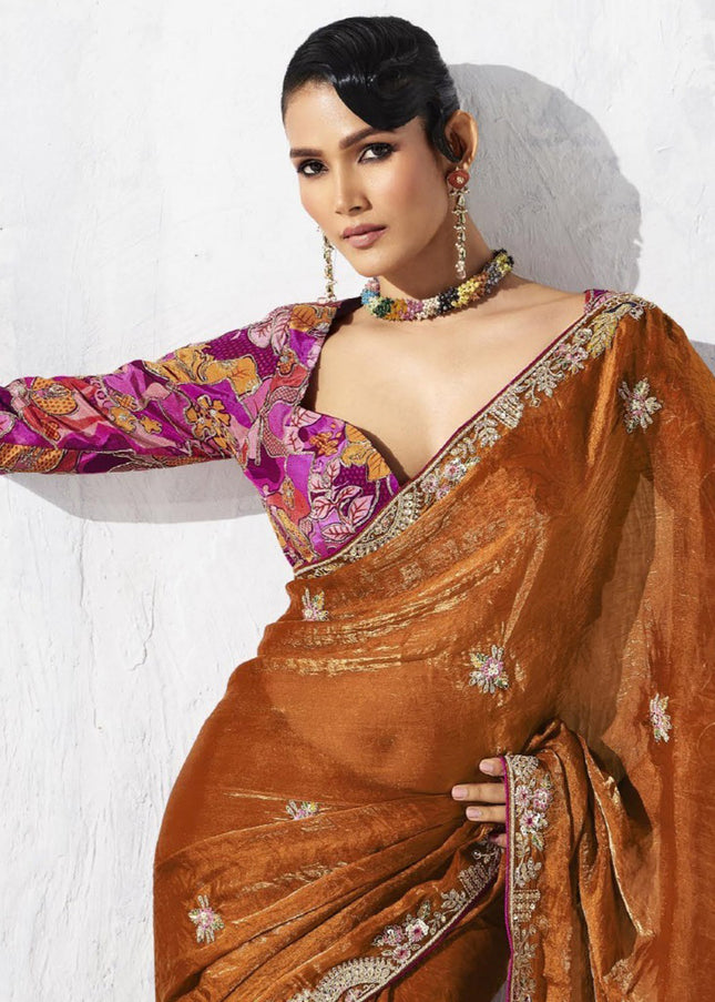 Rust Embroidered Festive Saree