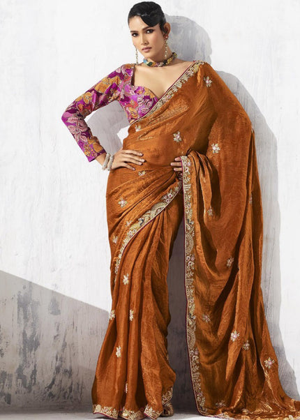 Rust Embroidered Festive Saree