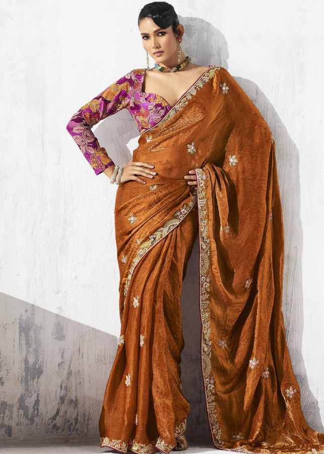 Rust Embroidered Festive Saree