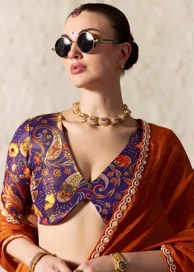 Rust and Blue Printed and Embroidered Festive Saree