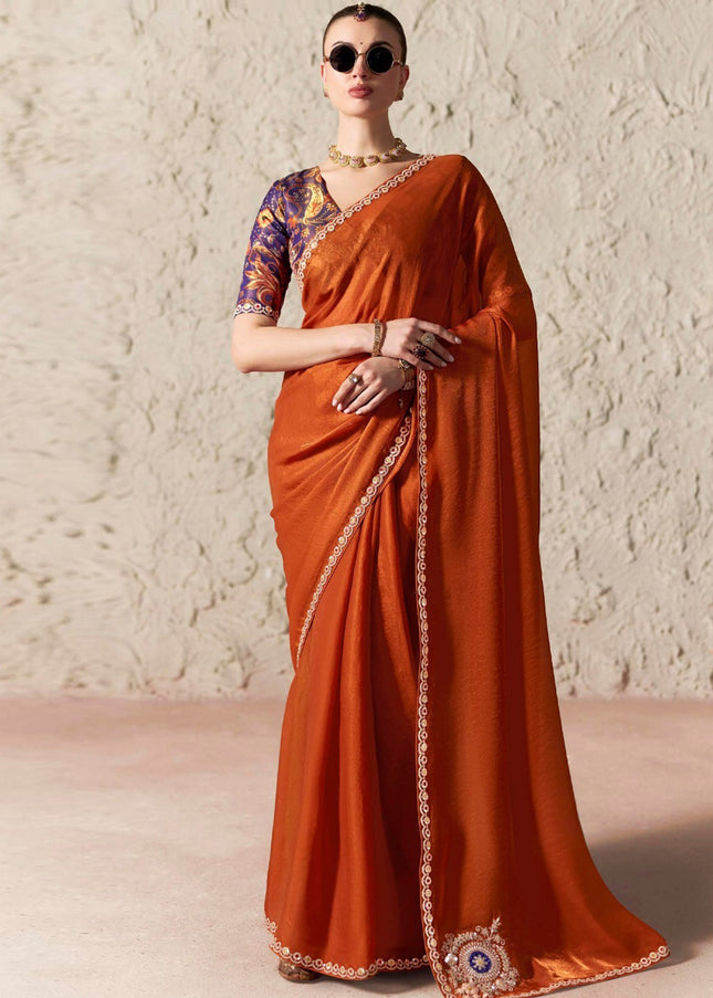 Rust and Blue Printed and Embroidered Festive Saree