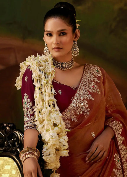 Rust and Maroon Embroidered Festive Saree