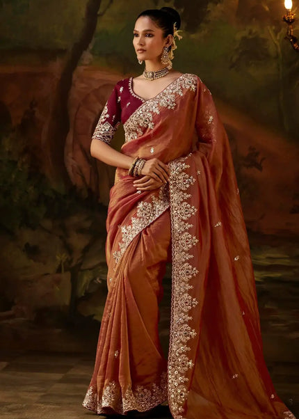 Rust and Maroon Embroidered Festive Saree
