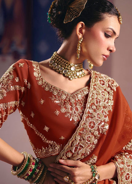 Rust Embroidered Wedding Saree