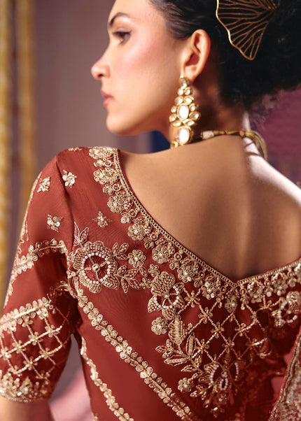 Rust Embroidered Wedding Saree