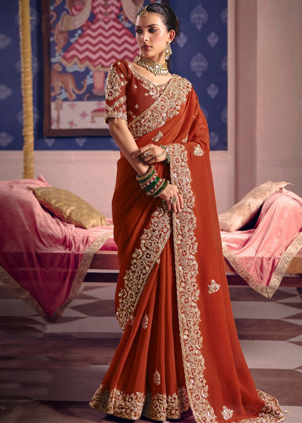 Rust Embroidered Wedding Saree