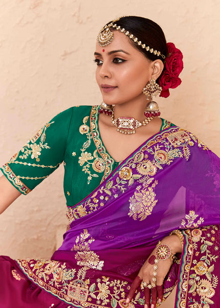 Purple and Green Embroidered Wedding Saree