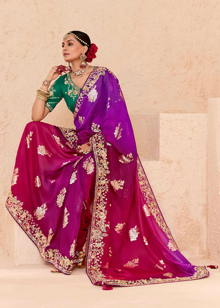 Purple and Green Embroidered Wedding Saree