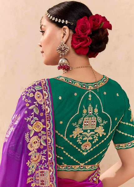 Purple and Green Embroidered Wedding Saree