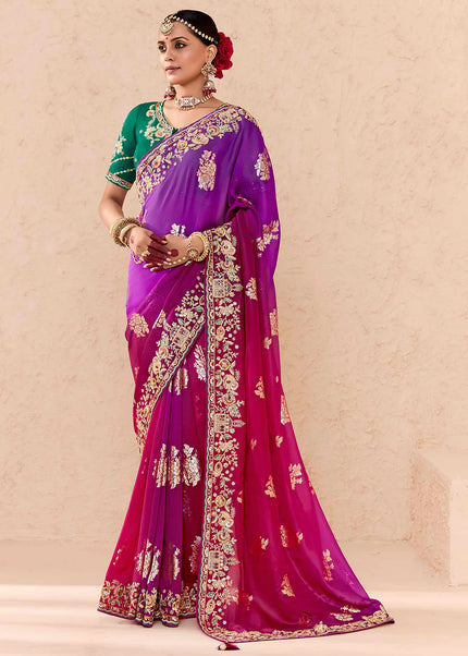 Purple and Green Embroidered Wedding Saree