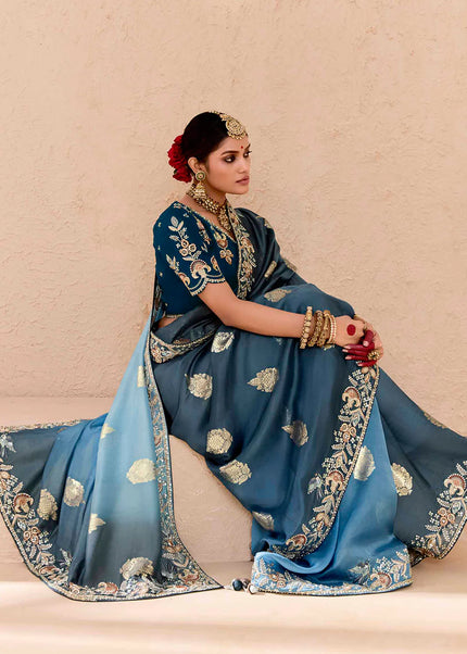 Sky Blue Embroidered Wedding Saree