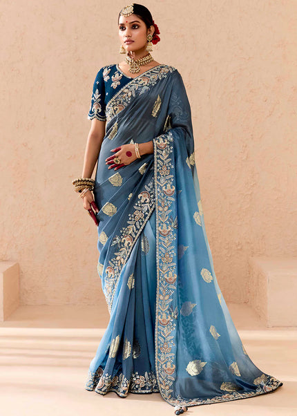 Sky Blue Embroidered Wedding Saree