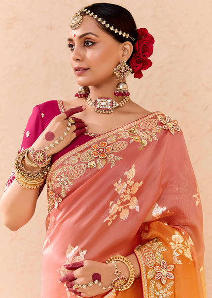 Peach and Pink Embroidered Wedding Saree