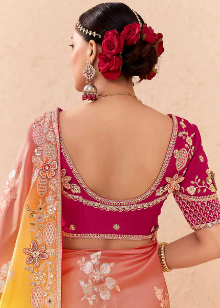 Peach and Pink Embroidered Wedding Saree