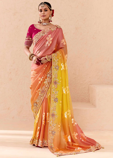 Peach and Pink Embroidered Wedding Saree