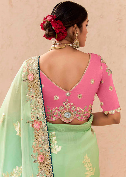 Geen and Pink Embroidered Wedding Saree