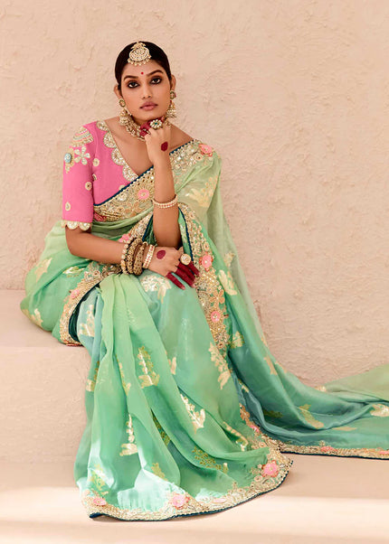 Geen and Pink Embroidered Wedding Saree