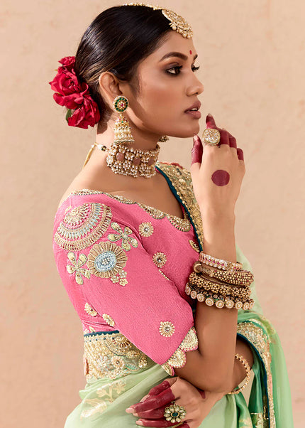 Geen and Pink Embroidered Wedding Saree