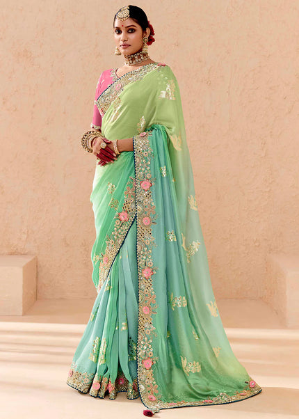 Geen and Pink Embroidered Wedding Saree