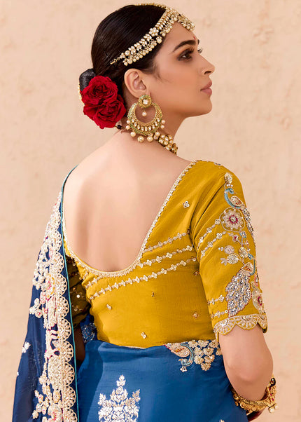 Blue and Mustard Embroidered Wedding Saree