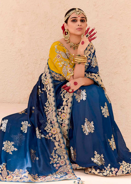 Blue and Mustard Embroidered Wedding Saree