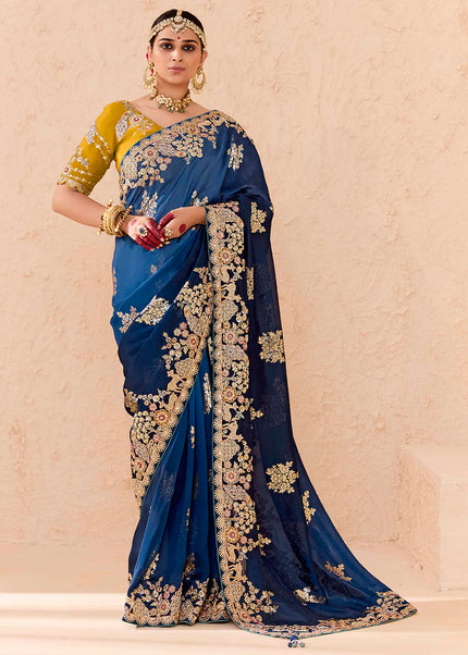 Blue and Mustard Embroidered Wedding Saree