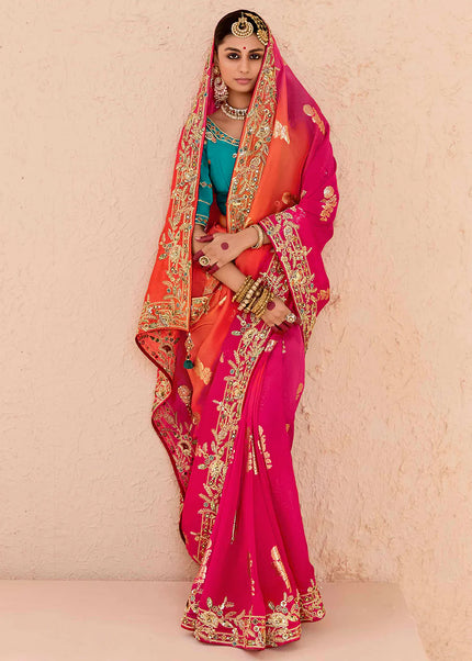 Pink and Sky Blue Embroidered Wedding Saree