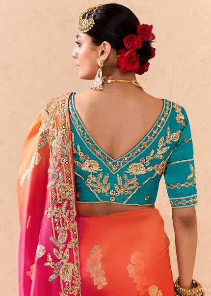 Pink and Sky Blue Embroidered Wedding Saree