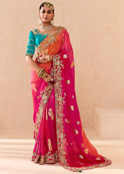 Pink and Sky Blue Embroidered Wedding Saree