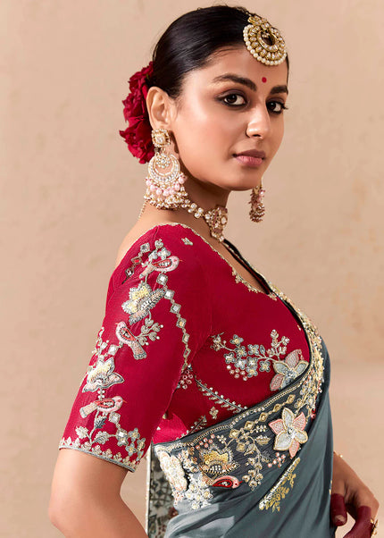 Grey and Red Embroidered Wedding Saree