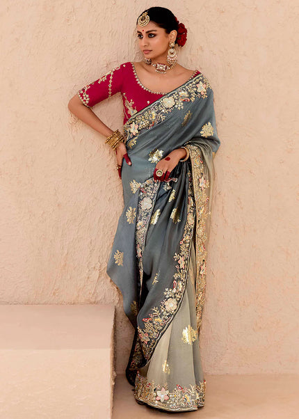 Grey and Red Embroidered Wedding Saree