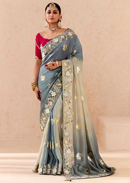 Grey and Red Embroidered Wedding Saree