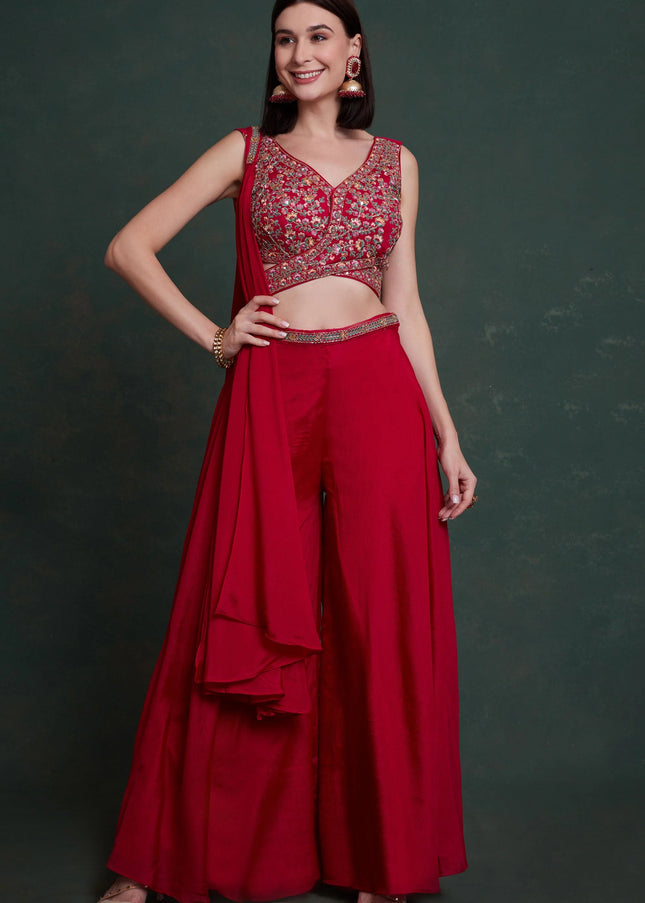Red Embroidered Palazzo Suit