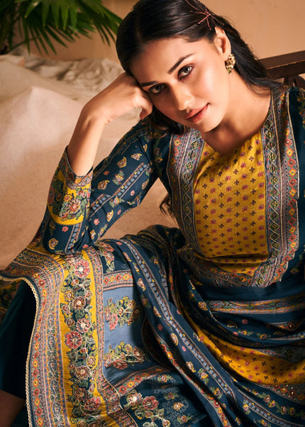 Blue Multicolor Printed and Embroidered Pant Suit
