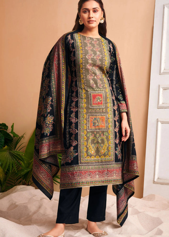BlackMulticolor Printed and Embroidered Pant Suit