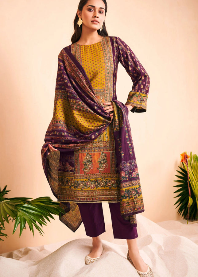 Purple Multicolor Printed and Embroidered Pant Suit