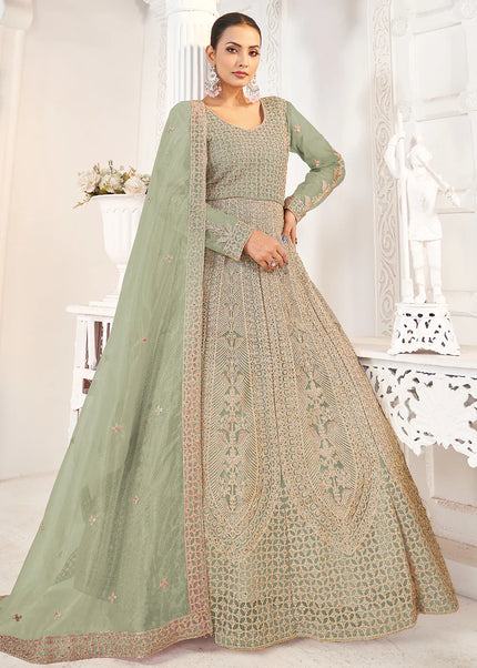 Sea Green and Gold Embroidered Anarkali