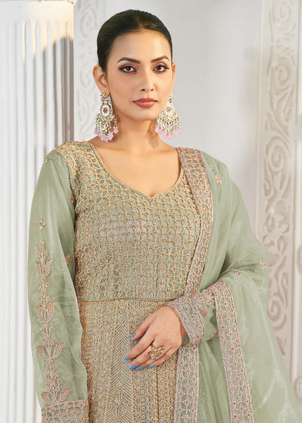 Sea Green and Gold Embroidered Anarkali