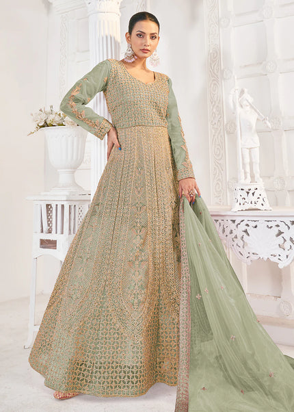 Sea Green and Gold Embroidered Anarkali