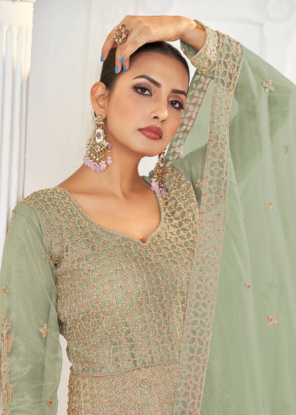Sea Green and Gold Embroidered Anarkali