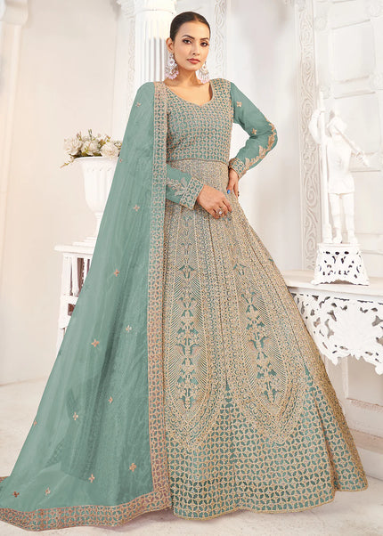 Sky Blue and Gold Embroidered Anarkali
