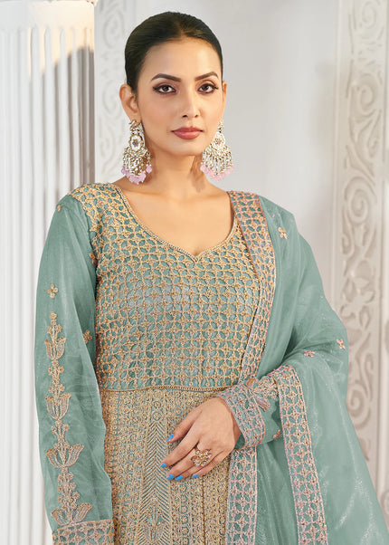 Sky Blue and Gold Embroidered Anarkali