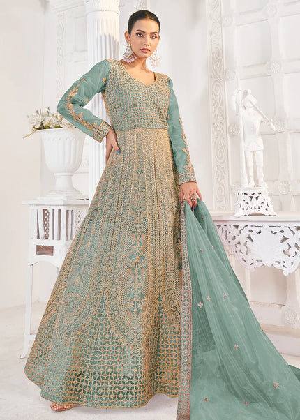Sky Blue and Gold Embroidered Anarkali