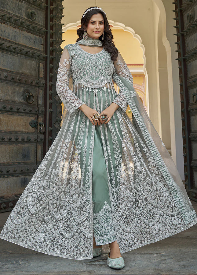 Sea Green Embroidered Lehenga/ Pant Style Anarkali