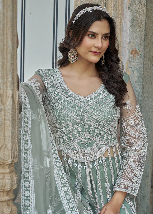 Sea Green Embroidered Lehenga/ Pant Style Anarkali
