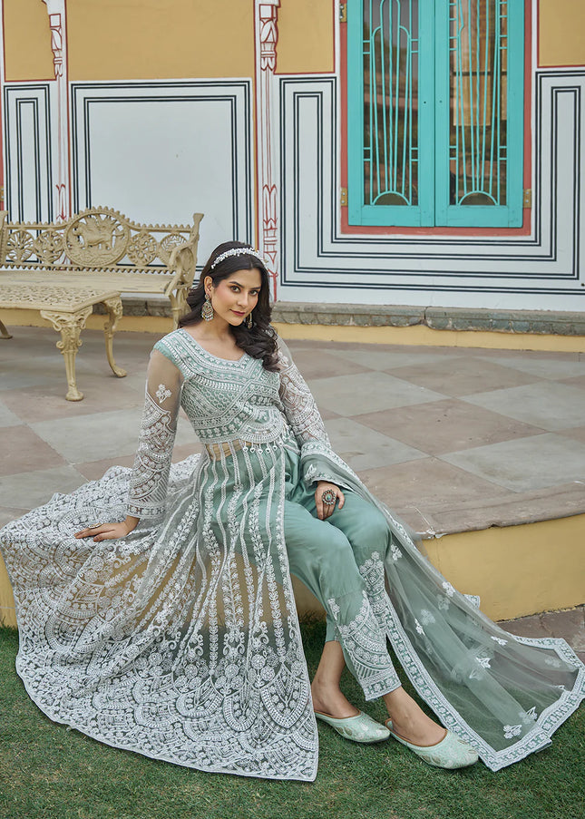 Sea Green Embroidered Lehenga/ Pant Style Anarkali