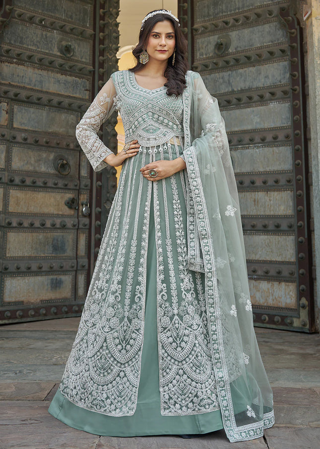 Sea Green Embroidered Lehenga/ Pant Style Anarkali